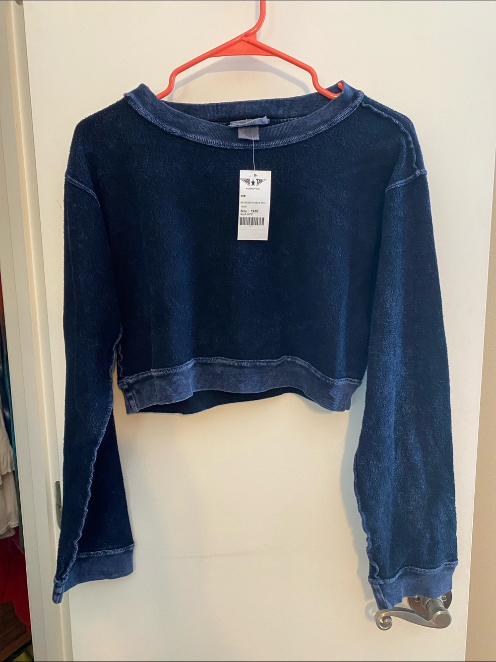 Hard Tail Navy Cropped Raw-Edge Crew Sweatshirt
